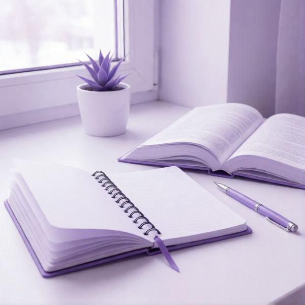 Редакционный стол с блокнотом, ручкой и открытой книгой