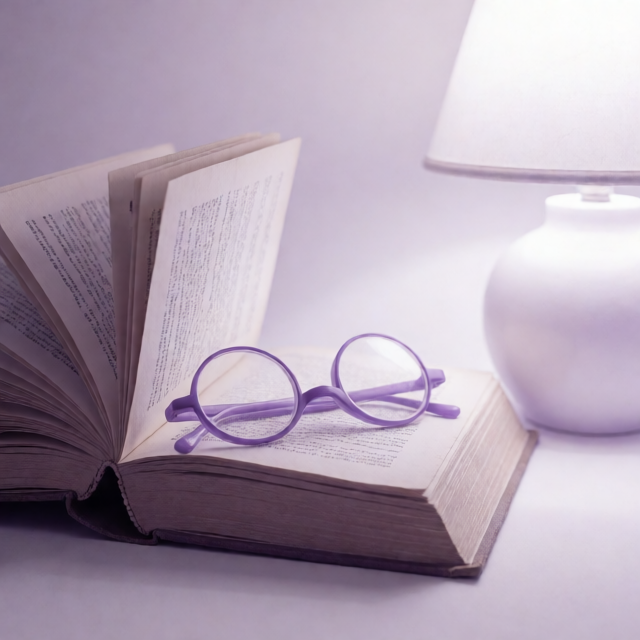 Открытая старая книга с очками для чтения