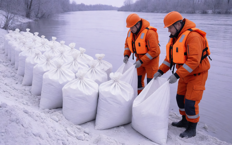Мешки с песком вдоль затопленной реки, спасатели в жилетах